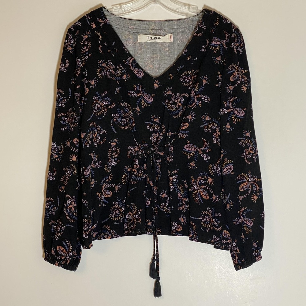 Idyllwind Blouse Womens XL Black Floral Tassel Tie V Neck Long Sleeve Boho Top